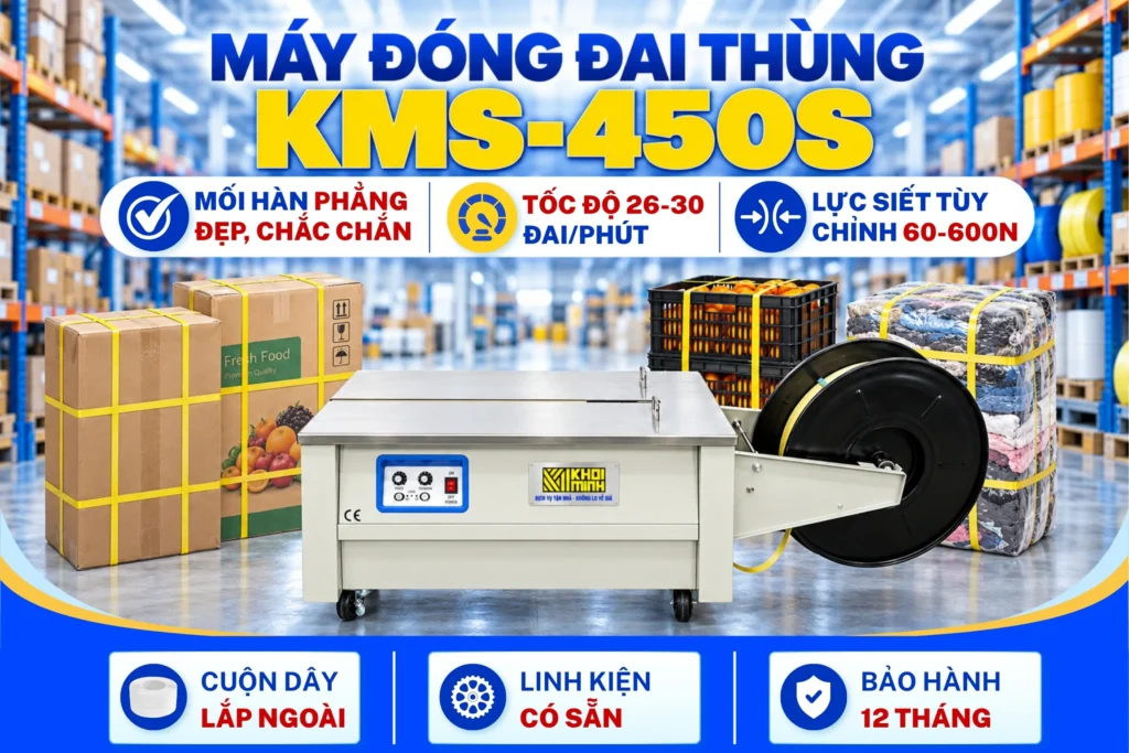 Máy đóng đai thùng KMS-450S bán tự động bàn thấp tốc độ đóng đai 26–30 đai mỗi phút