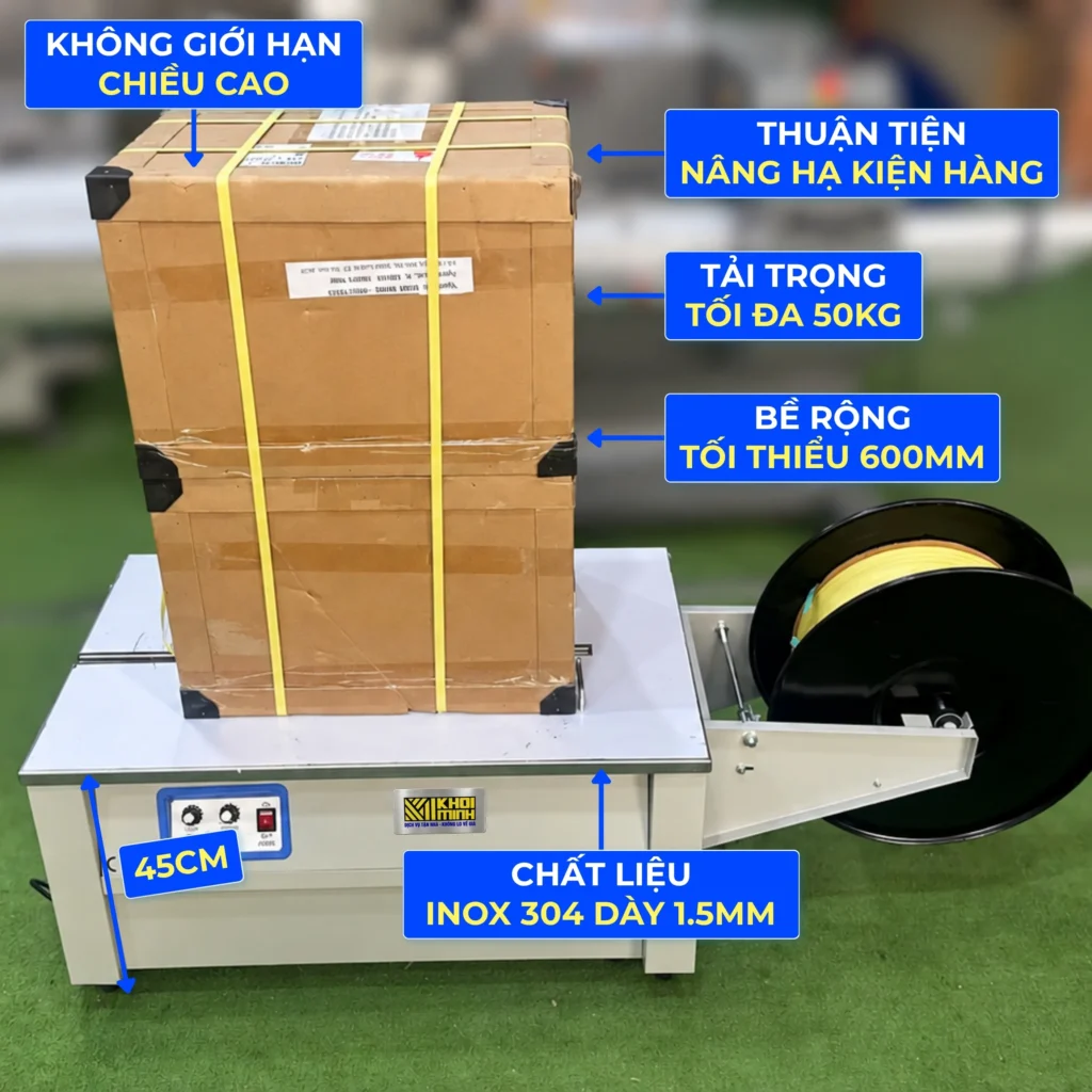 Máy đóng đai thùng KMS-450S mặt bàn Inox 304 cao 450mm, chịu tải 50kg và thuận tiện nâng đặt các kiện hàng