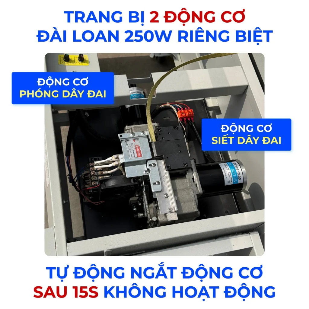 Máy đóng đai thùng KMS-450S trang bị 2 động cơ riêng biệt cho siết và phóng dây, tự động ngắt sau 15 giây khi không hoạt động