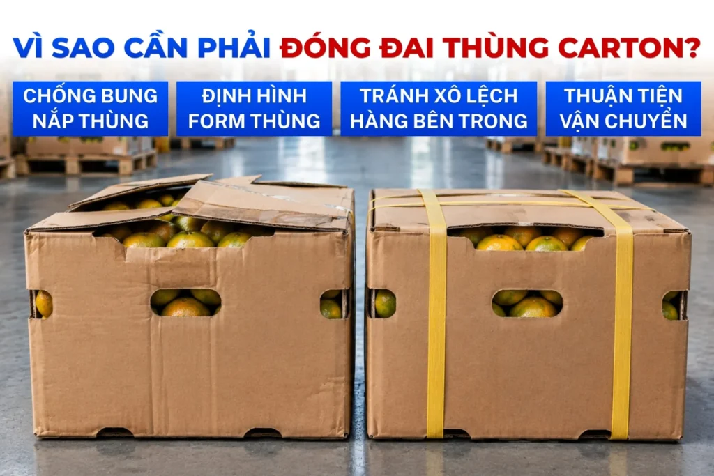 Đóng đai thùng carton giúp giữ form kiện hàng ổn định, hạn chế bung nắp và xô lệch sản phẩm trong quá trình vận chuyển