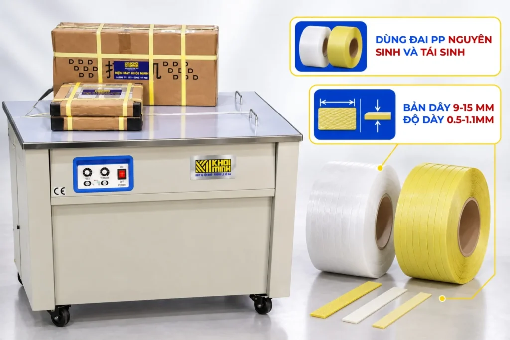 Máy đóng đai bán tự động sử dụng dây PP bản 9–15 mm, tương thích cả dây nguyên sinh và tái sinh theo nhu cầu chi phí