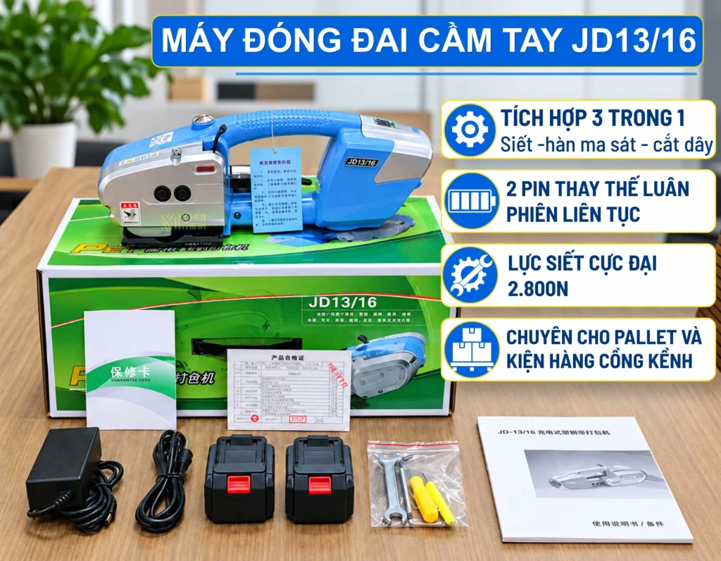 Bộ máy đóng đai dùng pin JD13-16 kèm sạc 2 pin và phụ kiện đóng gói
