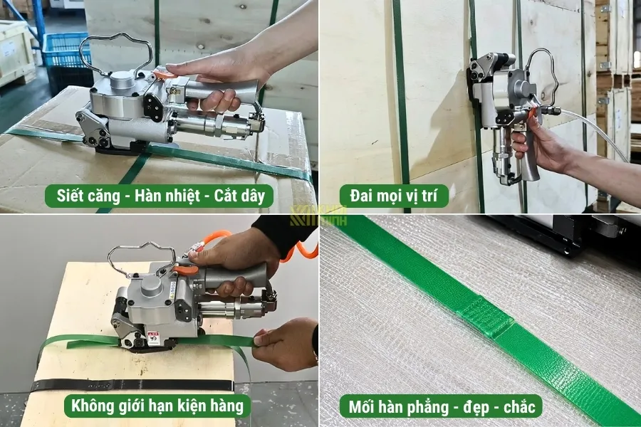 Lợi ích máy đóng đai cầm tay khí nén A25 lực siết mạnh, chịu tải lớn, đai mọi vị trí và mối hàn siêu thẩm mỹ