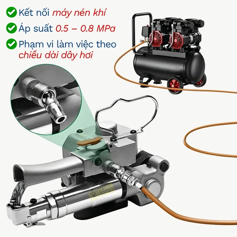 Máy đóng đai cầm tay A25 vận hành liên tục cần phải kết nối máy nén khí