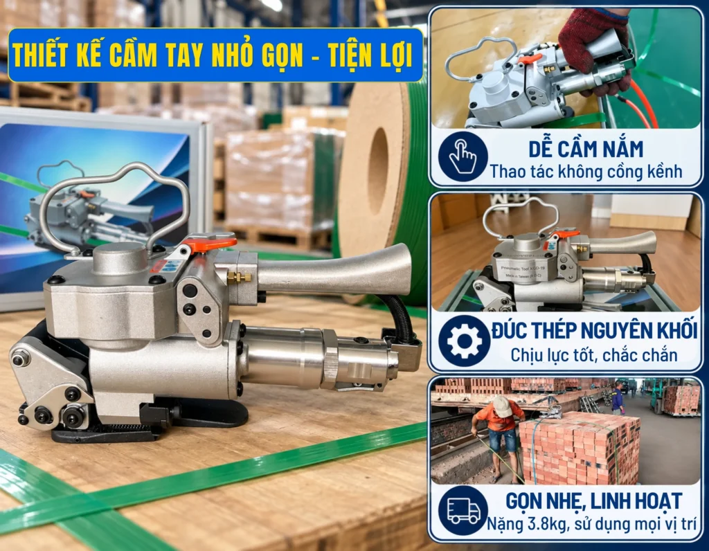 Máy đóng đai cầm tay khí nén A19 trọng lượng 3,8 kg nhỏ gọn với tay cầm chắc chắn dễ dàng thao tác