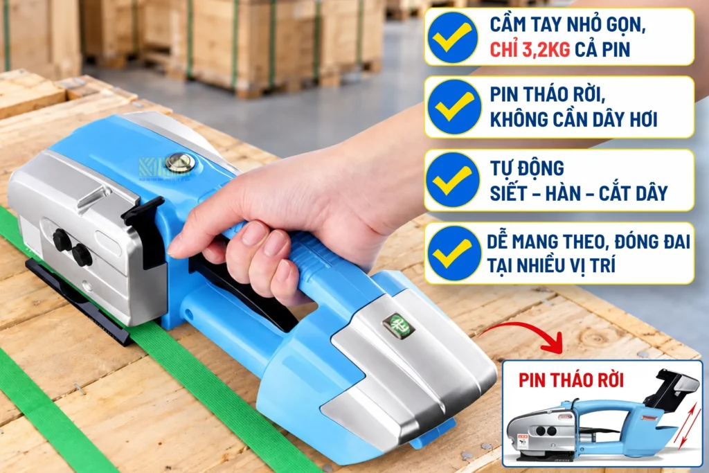 Máy đóng đai dùng pin JD13-16 thiết kế cầm tay nhỏ gọn pin tháo rời