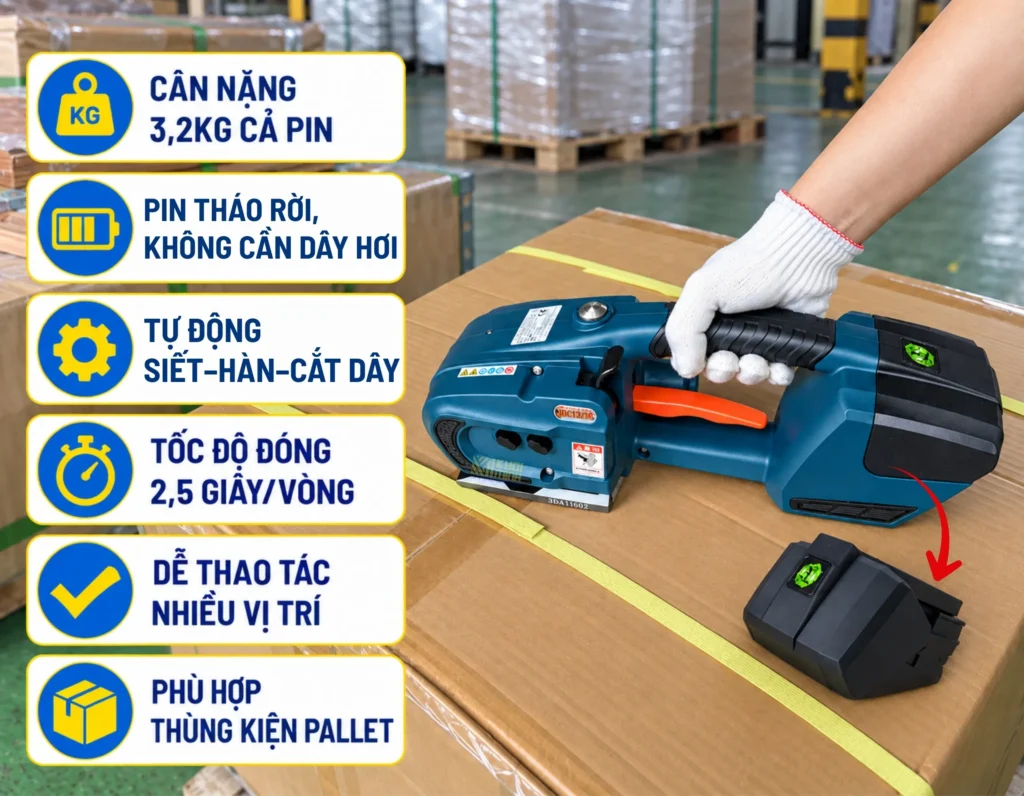 Máy đóng đai dùng pin JDC13-16 nặng 3,2kg tự động siết hàn cắt dây