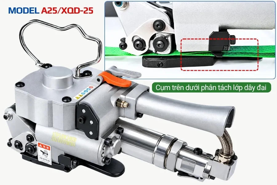 Máy đóng đai khí nén A25 thiết kế ngàm 2 khoang trên dưới giúp hàn nhiệt ma sát chính xác vào bền mặt của 2 lớp dây đai