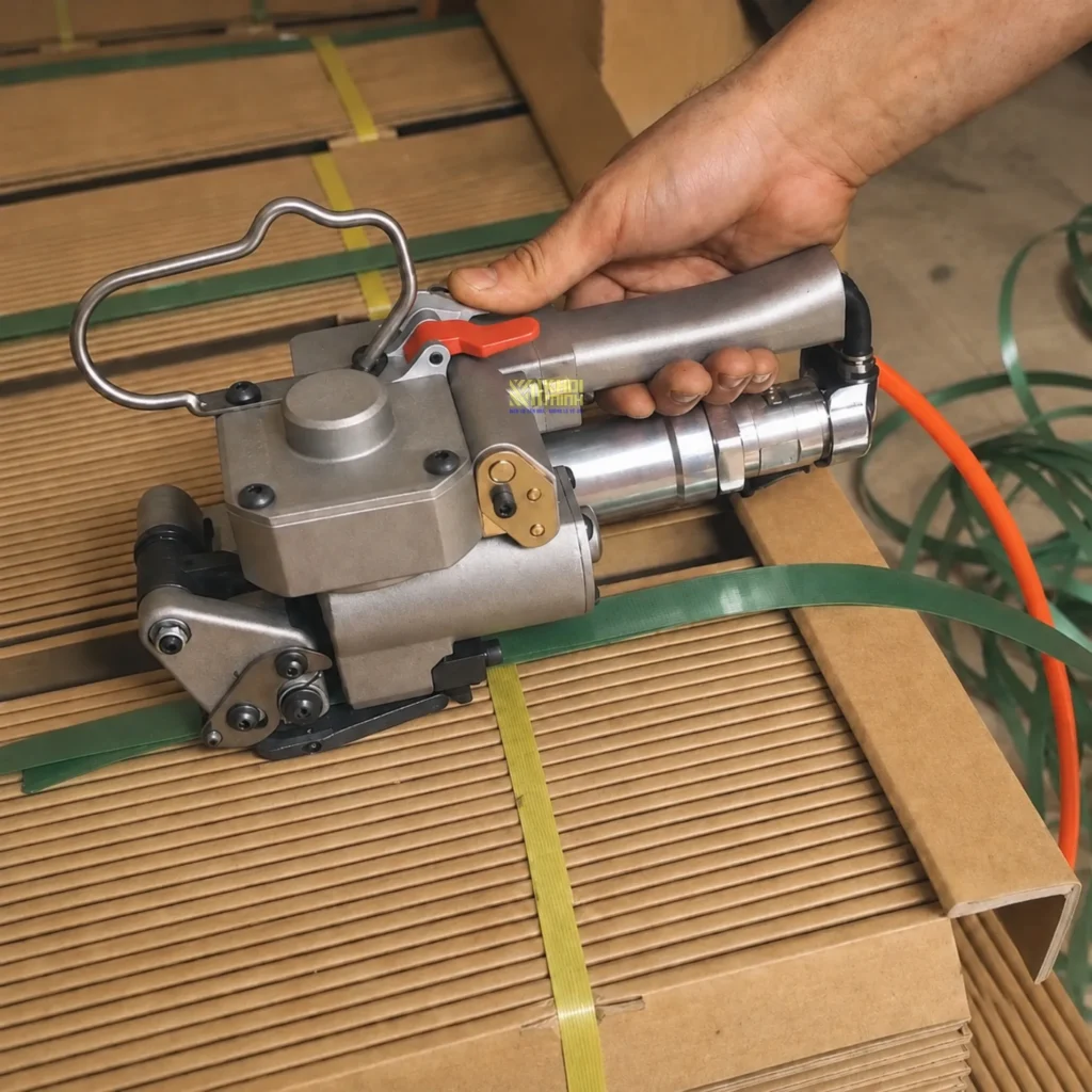 Nhân viên sử dụng máy đóng đai khí nén A25 siết dây đai nhựa cố định kiện hàng carton tại xưởng