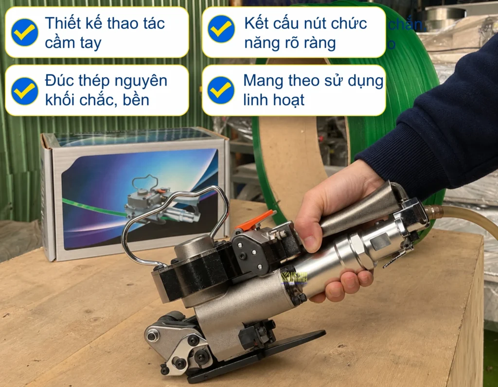 Thiết kế máy đóng đai khí nén A25 cầm tay nhỏ gọn với thân thép đúc chắc chắn và dễ dàng di chuyển