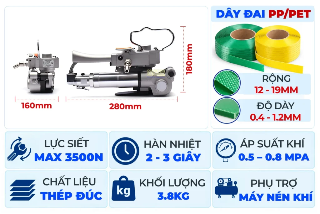 Thông số kĩ thuật và kích thước máy đóng đai khí nén A19