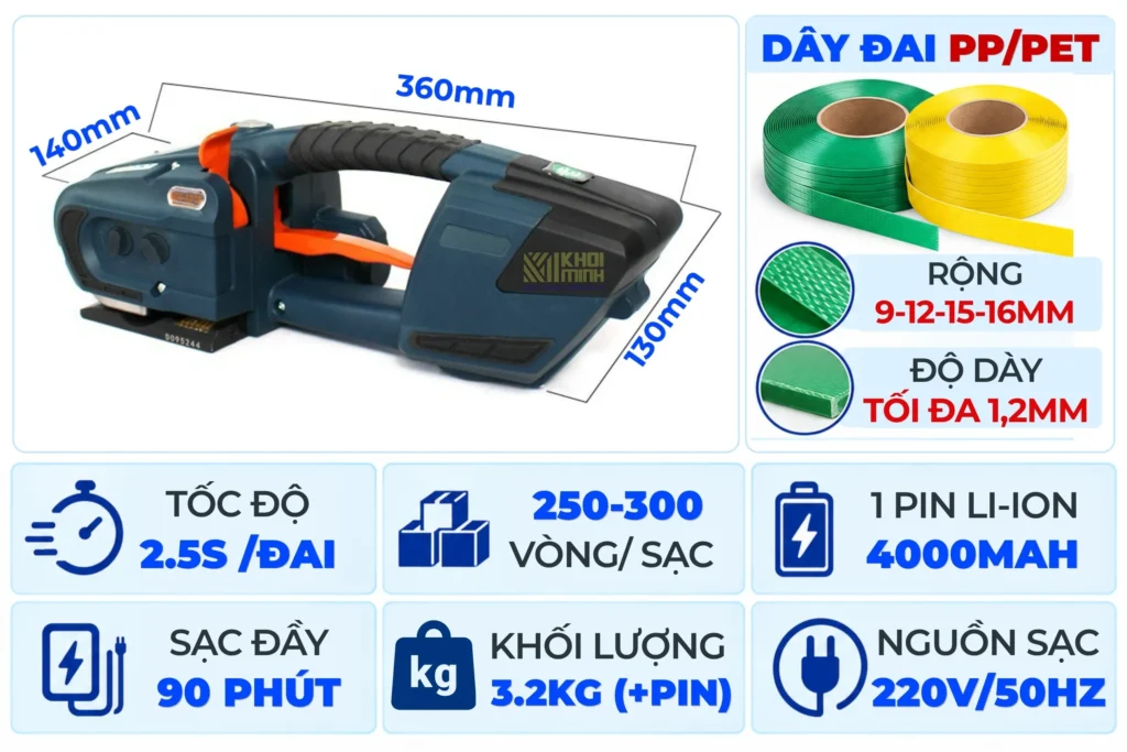 Thông số kích thước máy đóng đai JDC13-16 cùng pin tốc độ và dây đai PP PET