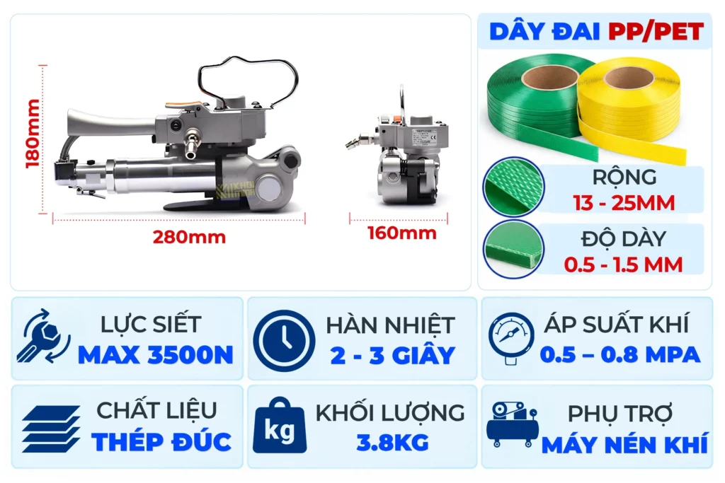 Thông số kỹ thuật máy đóng đai khí nén A25 lực siết, dây PP-PET rộng 13 đến 25mm và nặng 3,8kg