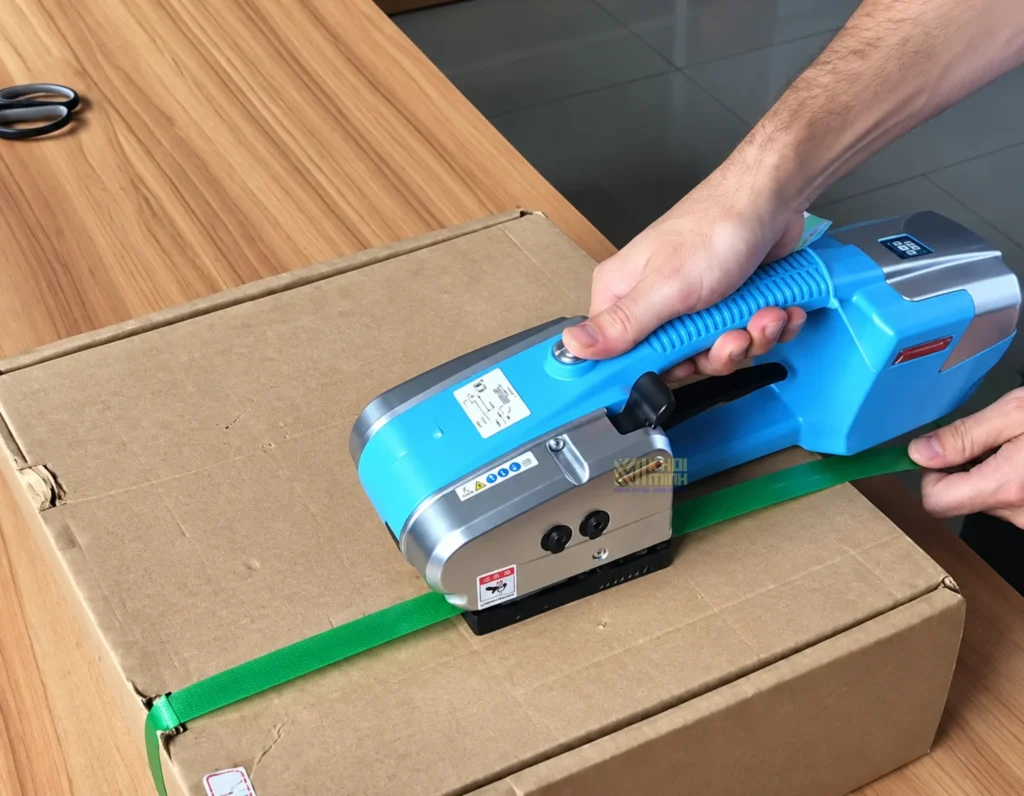 Vận hành thực tế máy đóng đai pin JD13-16 để siết dây quanh thùng carton