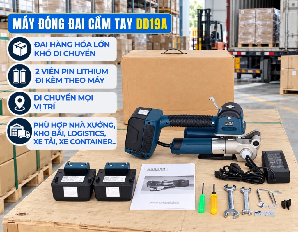 Bộ máy đóng đai cầm tay DD19A kèm 2 pin bộ sạc và phụ kiện đóng gói