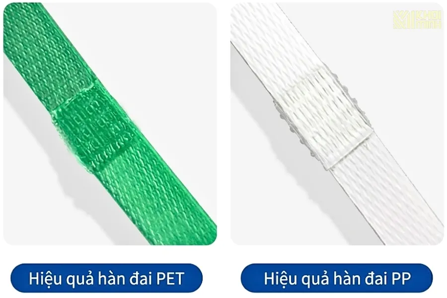 Cận cảnh mối hàn dây đai PET và dây PP của máy đóng đai cầm tay dùng pin DD19A