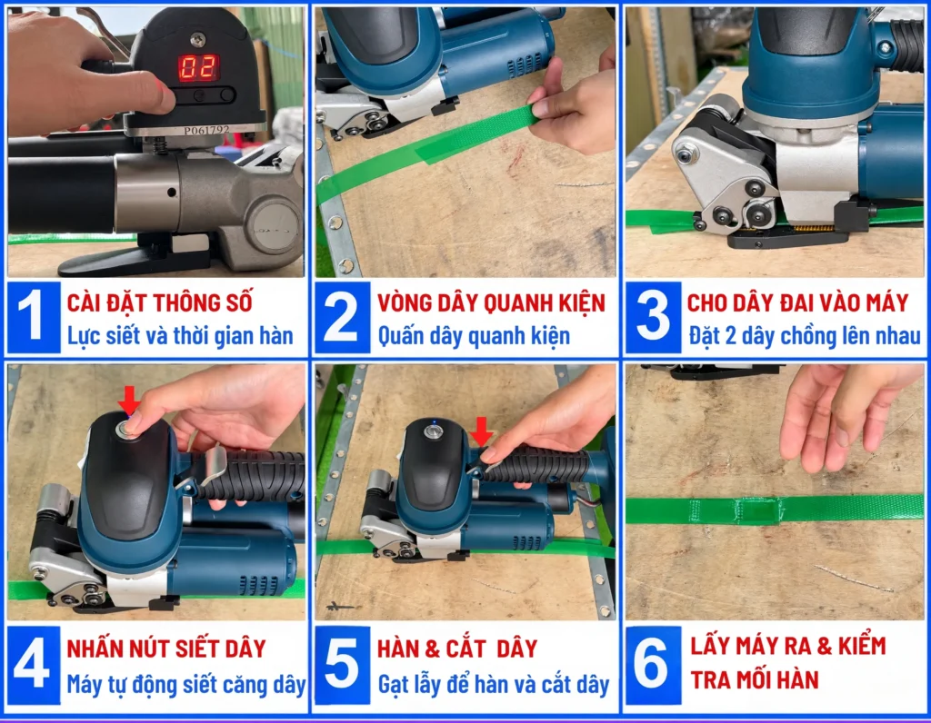 Hướng dẫn 6 bước sử dụng máy đóng đai cầm tay DD19A từ cài đặt đến kiểm tra mối hàn