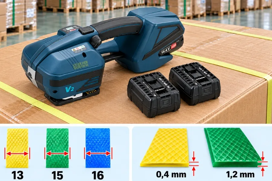 Kích thước bản dây PP và dây PET thường dùng phổ biến nhất cho máy đóng đai cầm tay V2