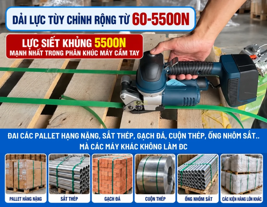 Máy đóng đai DD19A lực siết tối đa 5500N cho pallet sắt thép gạch đá và cuộn thép