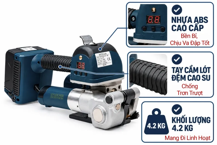 Máy đóng đai cầm tay DD19A và các trang bị tay cầm chống trượt,vỏ nhựa ABS