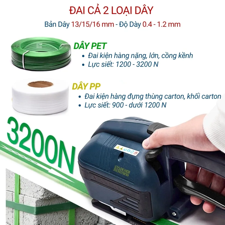Máy đóng đai cầm tay V2 đóng được cả dây đai nhựa PP và PET với bản dây từ 13-16mm và dày từ 0.4-1.2mm