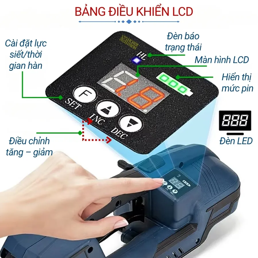 Máy đóng đai cầm tay V2 sử dụng bảng điều khiển cài đặt lực siết và thời gian hàn trực tiếp trên màn hình LCD