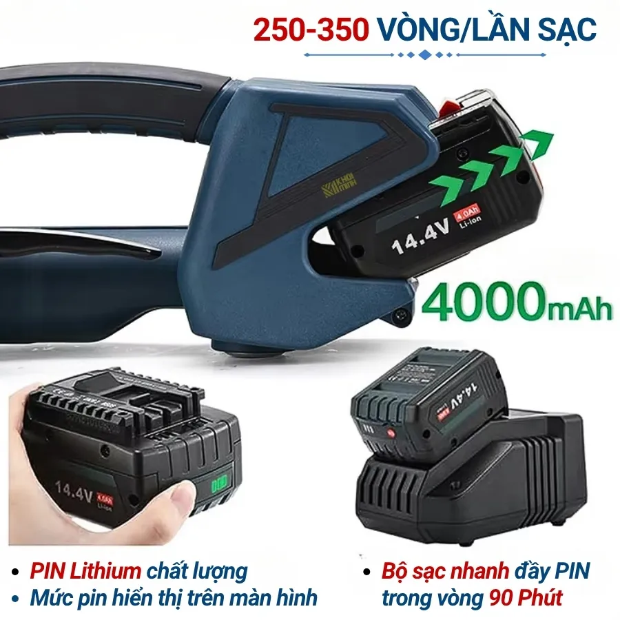 Máy đóng đai cầm tay V2 sử dụng pin Lithium dung lượng 4000mAh cùng bộ sạc nhanh giúp sạc đầy chỉ trong 90 phút