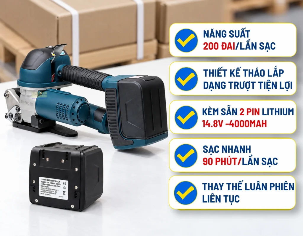 Máy đóng đai dùng pin DD19A kèm 2 pin Lithium 14 8V dung lượng 4000mAh