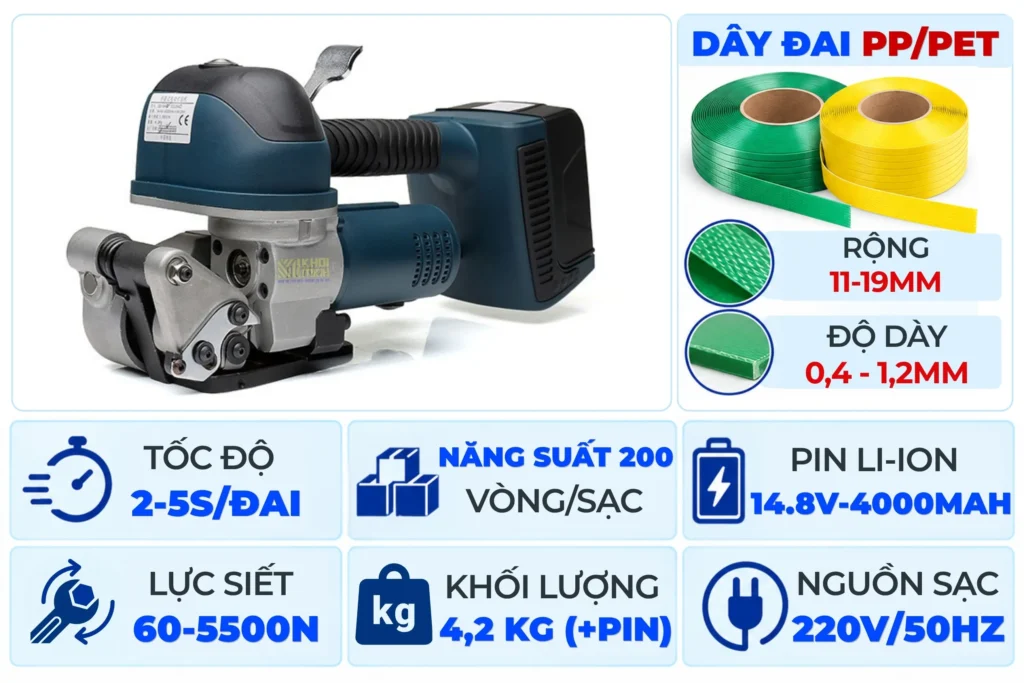 Thông số máy đóng đai cầm tay DD19A lực siết 5500N pin 4000mAh