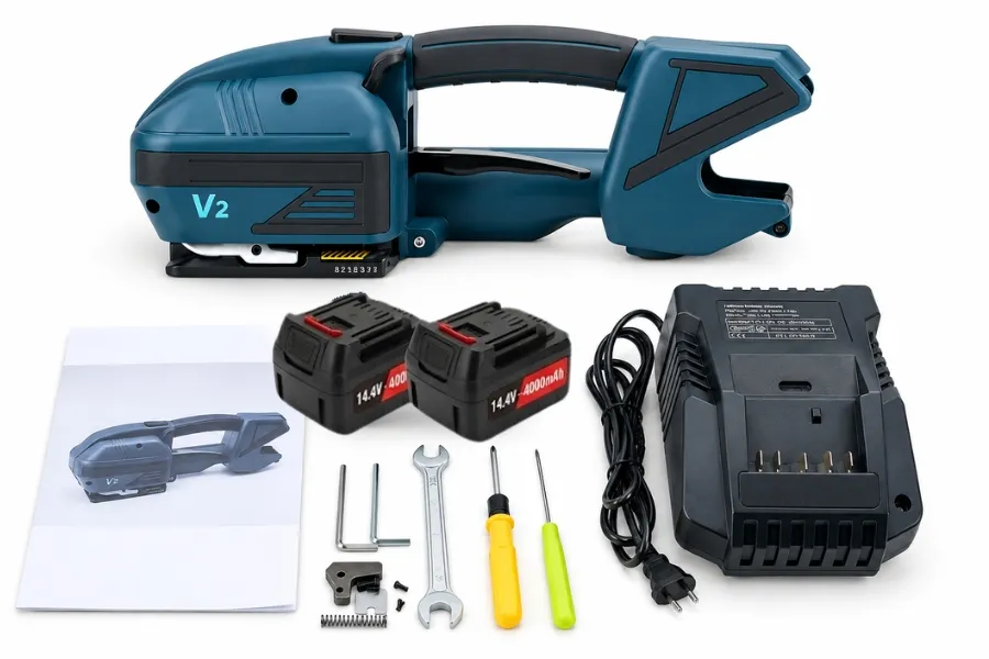 Trọn bộ máy đóng đai cầm tay V2 khi mua tại Điện máy Khôi Minh - đi kèm 2 pin