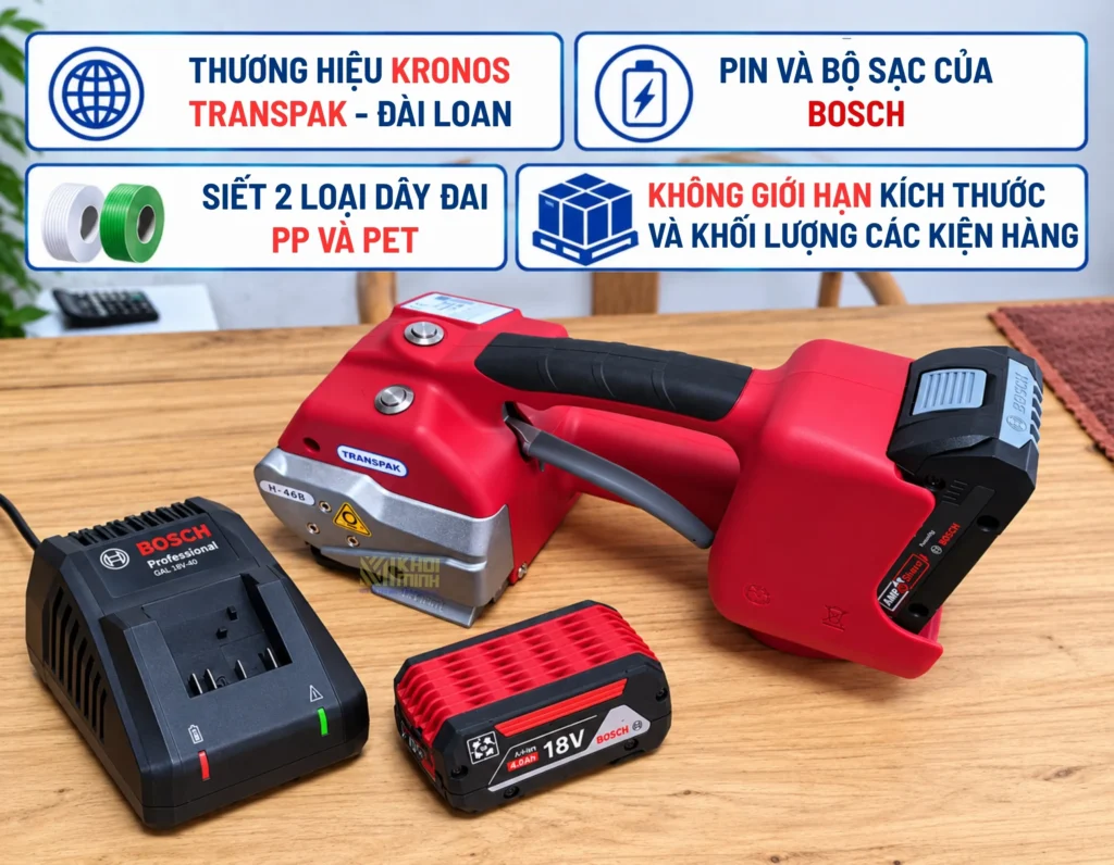 Máy đóng đai cầm tay H46B thương hiệu Transpak sử dụng pin và bộ sạc Bosch
