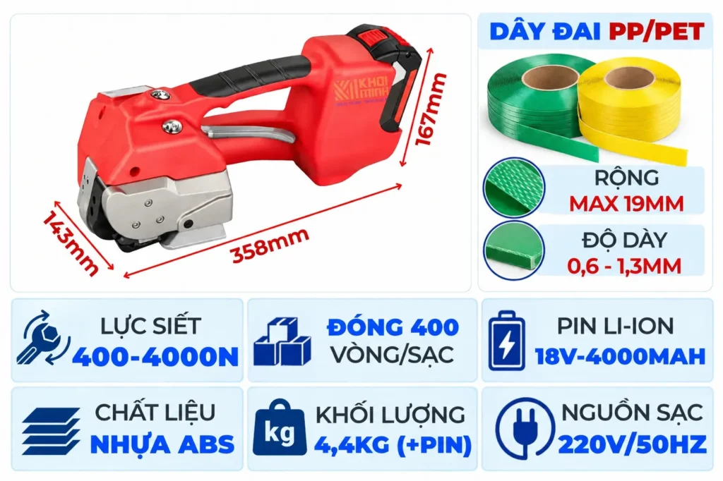 Thông số và kích thước máy đóng đai cầm tay H-46B
