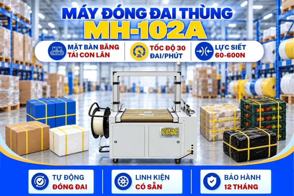 Máy đóng đai thùng tự động MH-102A nổi bật với mặt bàn băng tải con lăn cho tốc độ đai 30 vòng_phút và lực siết tối đa lên đến 600N
