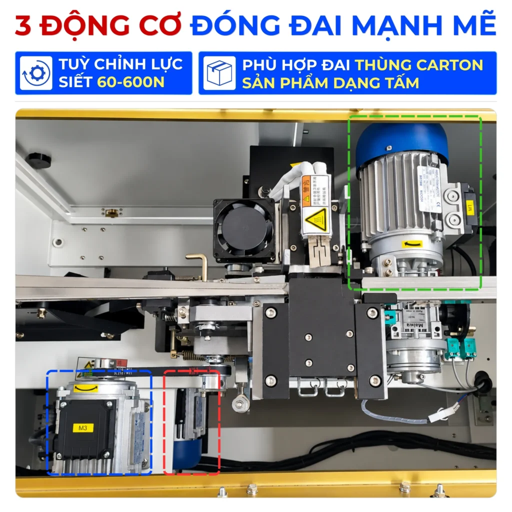 Máy đóng đai thùng tự động MH-102A sử dụng 3 động cơ riêng cho siết, hàn cắt và phóng dây, cho phép điều chỉnh lực siết từ 60–600N