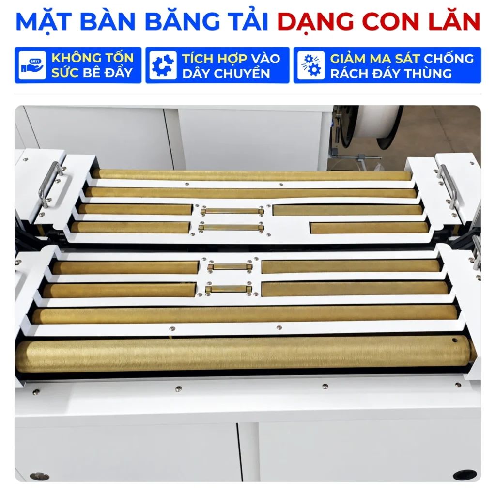Máy đóng đai thùng tự động MH-102A tích hợp mặt bàn băng tải con lăn, giúp giảm sức bê đẩy, dễ kết nối dây chuyền và hạn chế ma sát gây rách đáy thùng carton
