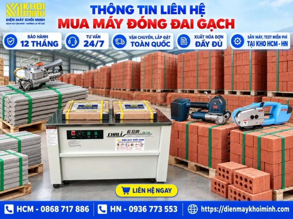 Chính sách mua hàng máy đóng đai gạch tại Khôi Minh
