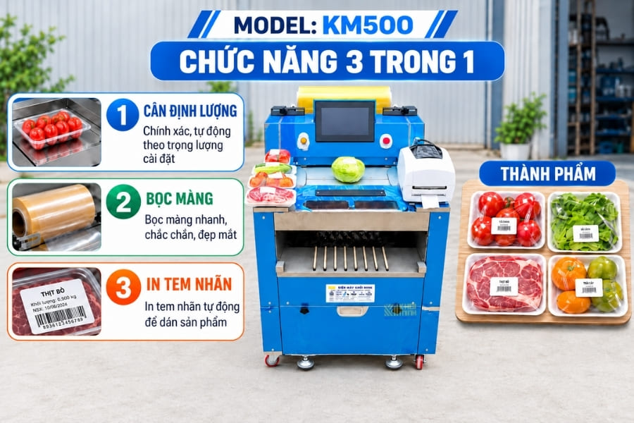 Máy bọc màng thực phẩm bán tự động KM-500 tích hợp chức năng bọc màng in tem và cân định lượng