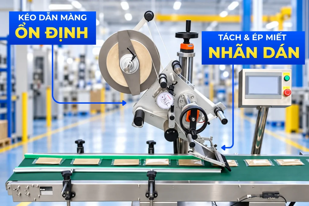 Máy dán mặt phẳng tự động trang bị các trục rulo kéo dẫn màng liên tục, không bị rối nhãn, phối hợp nhịp nhàng