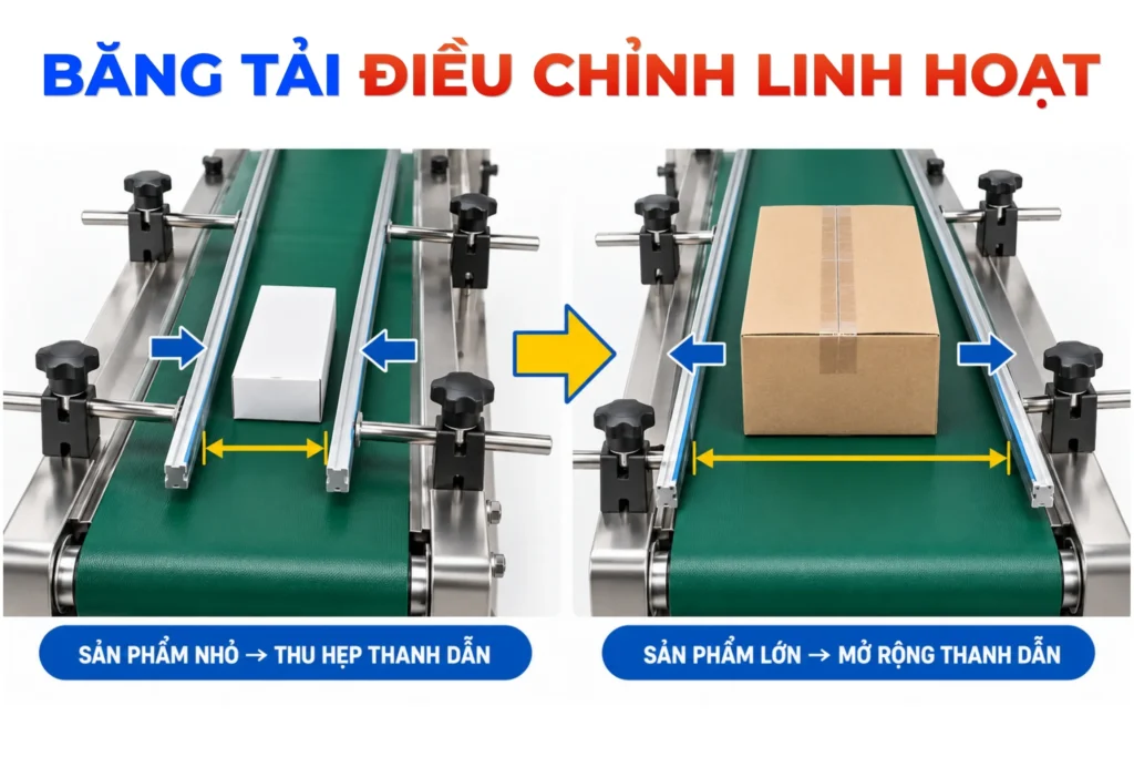 Máy dán nhãn mặt phẳng tự động trang bị băng tải cho phép điều chỉnh bề rộng linh hoạt dẫn hướng sản phẩm đi đúng vị trí