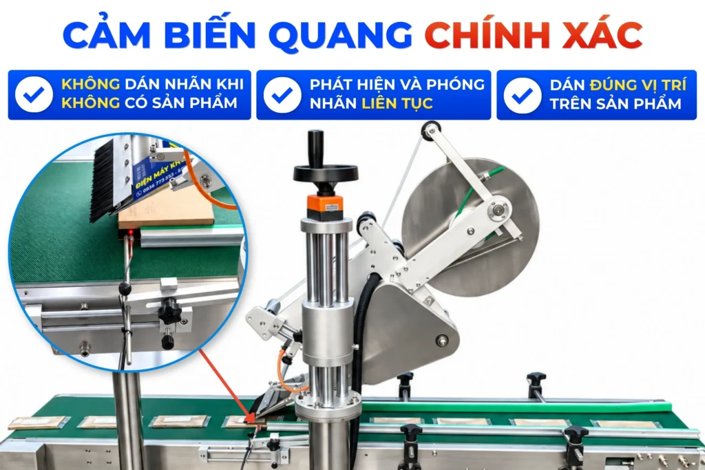 Máy dán nhãn mặt phẳng tự động trang bị cảm biến nhận diện sản phẩm và phóng nhãn chính xác đúng vị trí