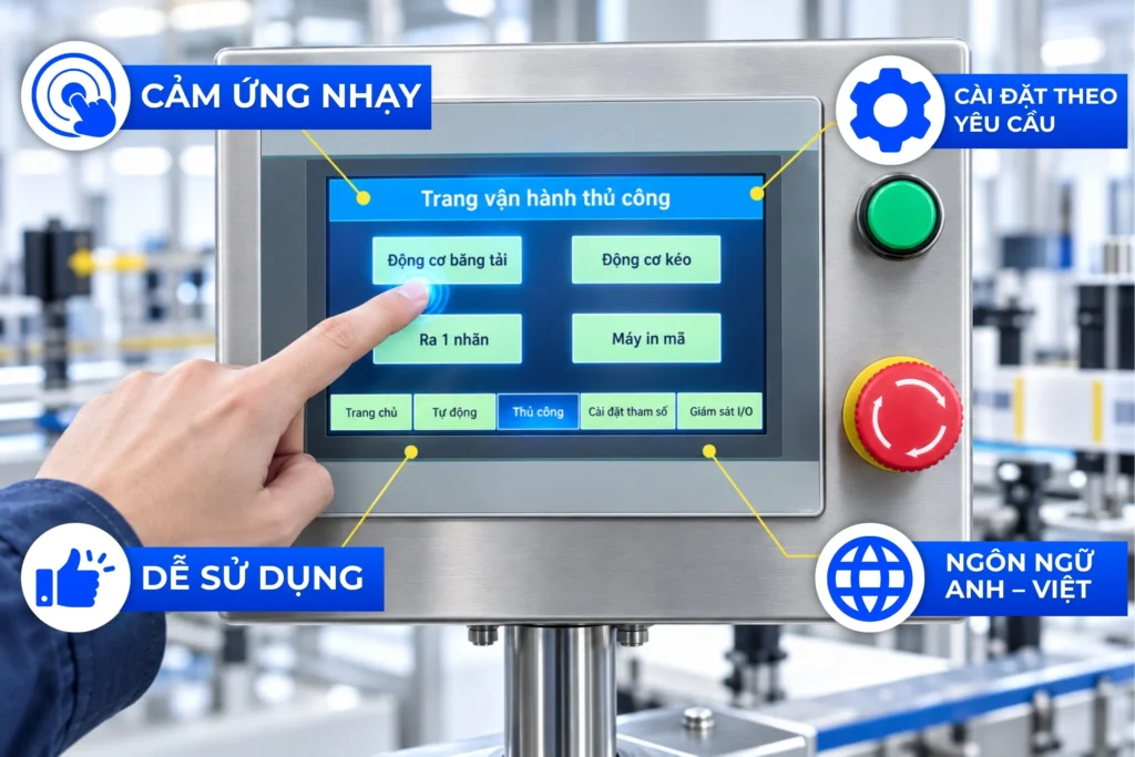 Máy dán nhãn mặt phẳng tự động trang bị màn hình cảm ứng PLC. Các thao tác cài đặt sẽ thực hiện trực tiếp trên màn hình