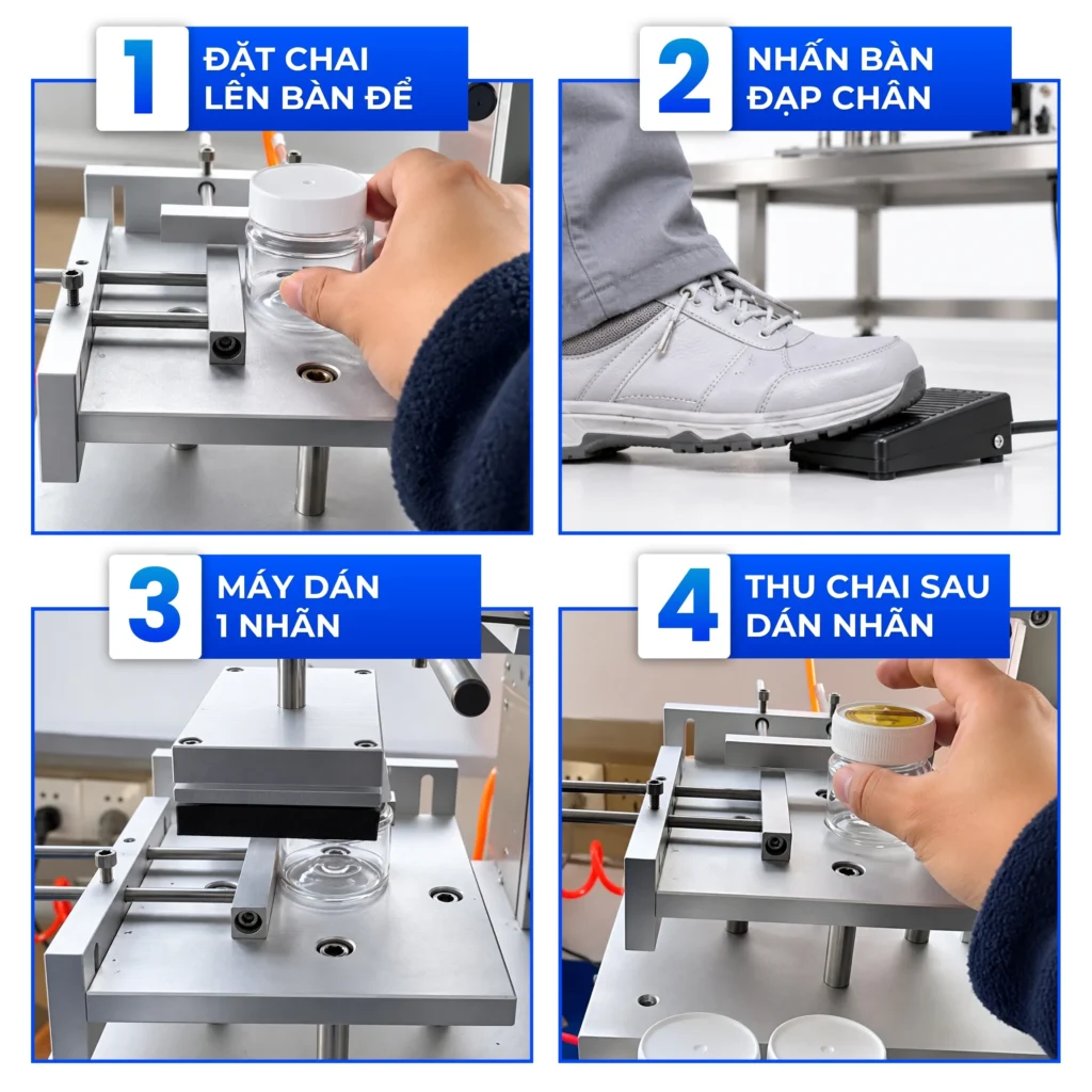 Thao tác đơn giản, chỉ cần đặt sản phẩm vào đúng vị trí, dùng bàn đạp để kích hoạt máy