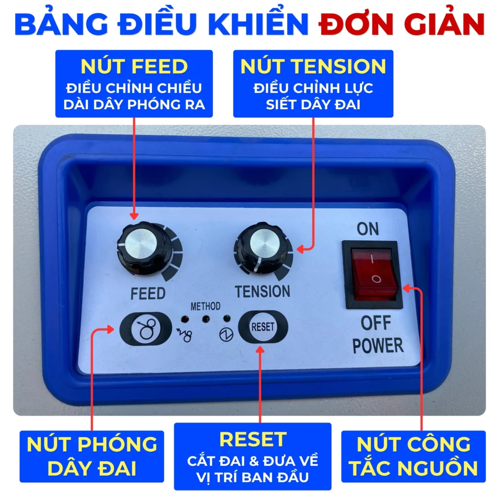 Bảng điều khiển máy đóng đai thùng KMS-730S với 5 nút nhấn dễ dàng điều chỉnh