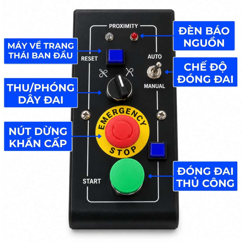 Máy Đóng Đai Thùng Chali JN-85E 8 Bảng điều khiển máy đóng đai thùng tự động Chali JN-85E tích hợp nút dừng khẩn cấp, chức năng thu_phóng dây, chọn chế độ, đóng đai thủ công và Reset