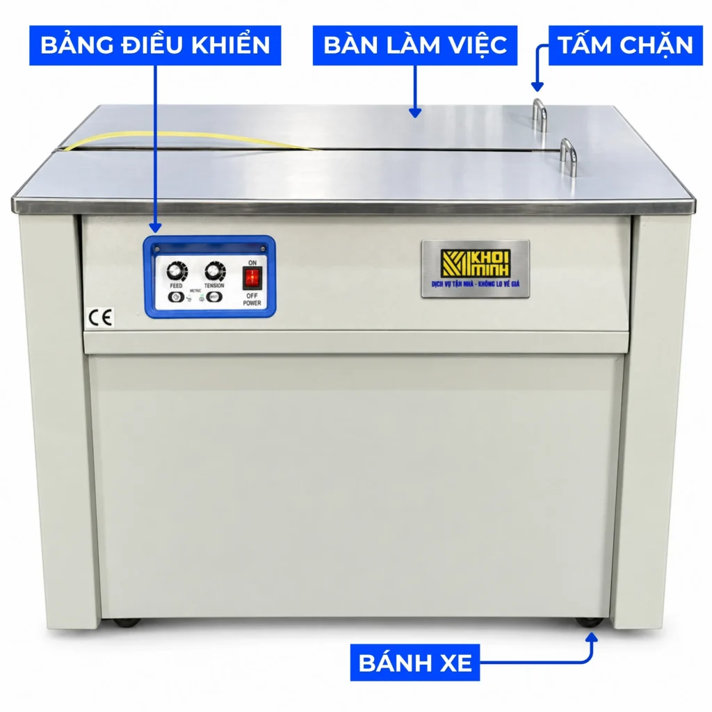 Cấu tạo máy đóng đai thùng KMS-730S với các bộ phận chính được bố trí thuận tiện, hỗ trợ thao tác đóng đai nhanh chóng và ổn định