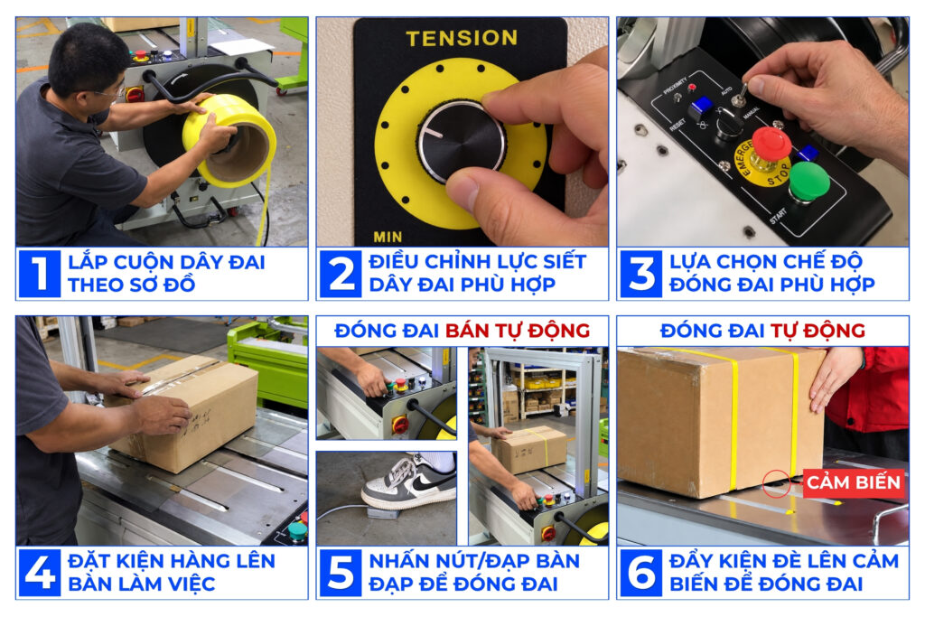 Máy Đóng Đai Thùng Chali JN-85E 16 Hướng dẫn sử dụng chế độ bán tự động và tự động của máy đóng đai thùng tự động Chali JN-85E