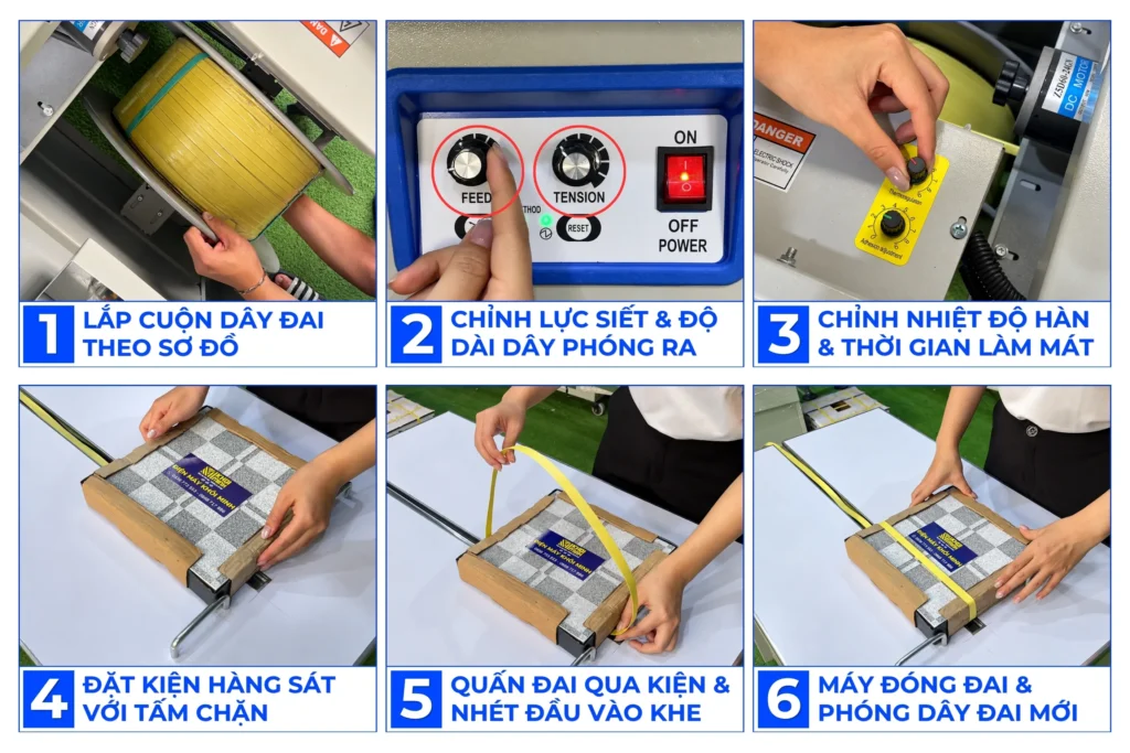 Hướng dẫn sử dụng máy đóng đai thùng KMS-730S từ lắp dây, chỉnh lực siết, nhiệt hàn và thao tác đóng đai