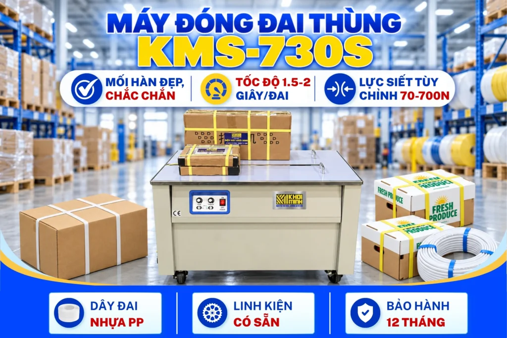 Máy đóng đai thùng KMS-730S bán tự động đóng đai thùng sử dụng dây đai nhựa PP đóng đai các thùng carton, hàng hóa không giới hạn chiều cao