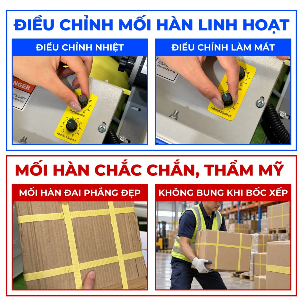 Máy đóng đai thùng KMS-730S tạo mối hàn phẳng, chắc chắn nhờ khả năng điều chỉnh nhiệt và làm mát sau khi hàn