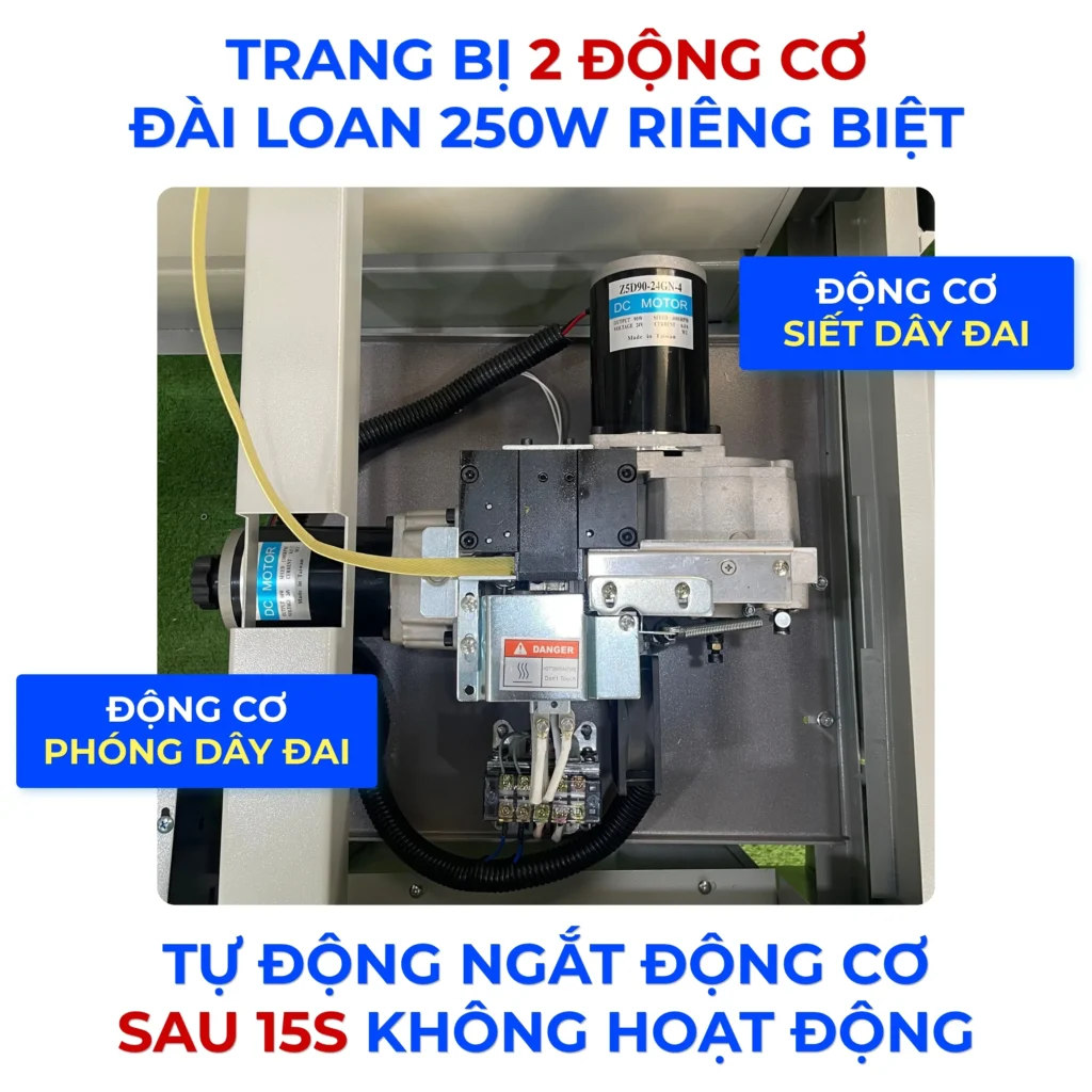 Máy đóng đai thùng KMS-730S trang bị 2 động cơ Đài Loan riêng biệt cho siết và phóng dây, đồng thời tự động ngắt khi không hoạt động